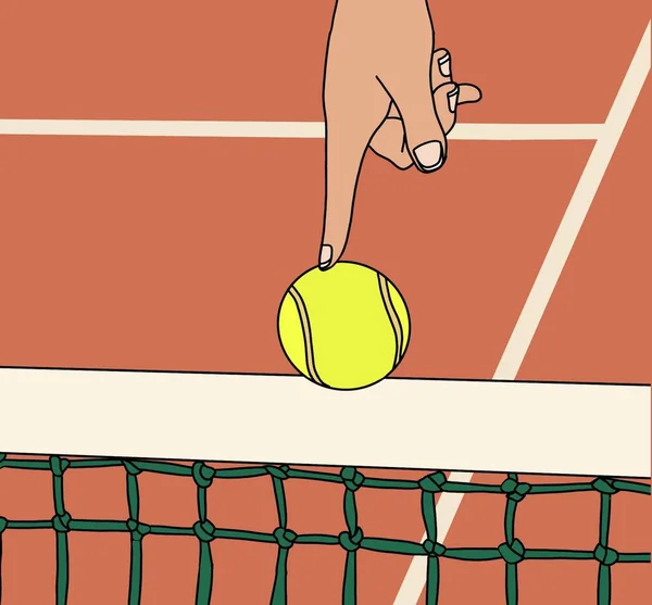 网球手在网路上握着一个完美的 平衡的网球的人 — 图库照片