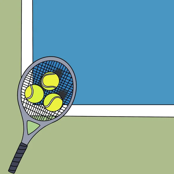 コートには3つのボールが置かれたテニスラケット — ストック写真