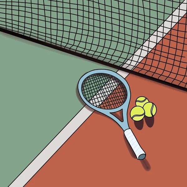 網の横にコートに3つのボールが置かれたテニスラケット — ストック写真