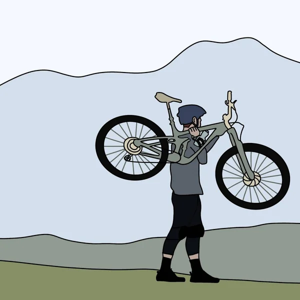 Dağların Ortasında Bisiklet Taşıyan Genç Bir Adamın Resmi — Stok fotoğraf