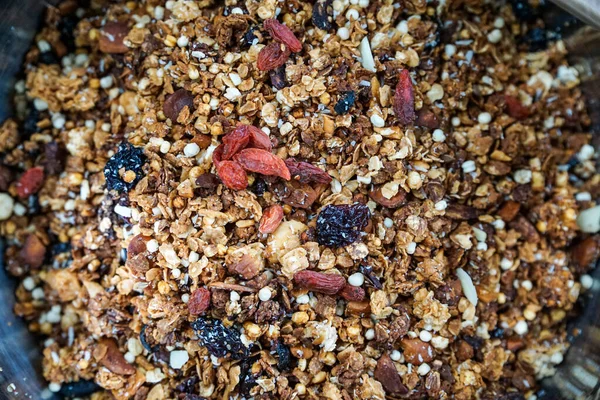 Close Shot Granola Featuring Delightful Mix Oats Nuts Seeds Dried — Stock Photo, Image