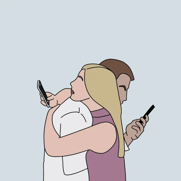Couple hugging, each lost in their phones\' screens.