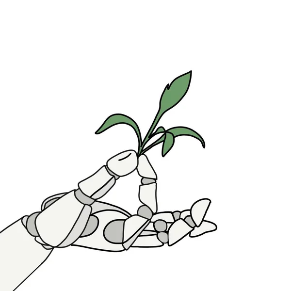 Mão Robótica Segurando Uma Planta Simbolizando Sustentabilidade — Fotografia de Stock