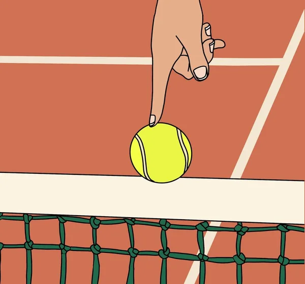 手把网球握在网球场上方的手 象征着平衡 — 图库照片