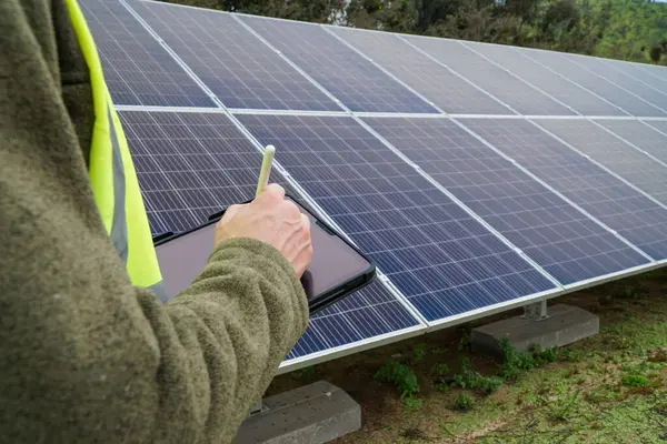 Inżynier Pisze Tablecie Panelu Słonecznym — Zdjęcie stockowe