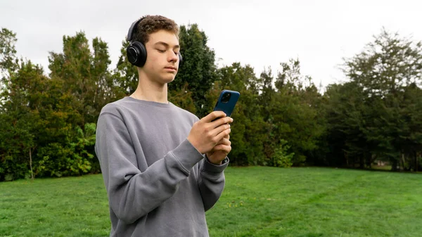Teenager listens to music and checks phone, ignoring the natural surroundings.