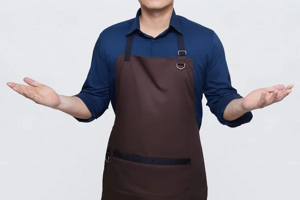 Stock image Asian Man wearing Apron in casual stylish clothing, standing tall pose with open arms, can be welcoming or wondering gesture, no face isolated white background