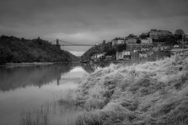 Clifton Suspension Bridge, Bristol on a cloudy winter's day in black and white