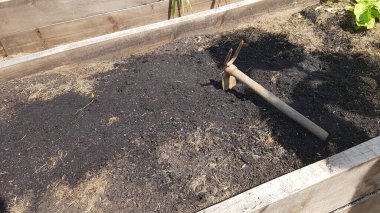 Çapalı organik sebze bahçesi hazırlayın. Toprak, yükseltilmiş ahşap yatakta ekilmeye hazır..