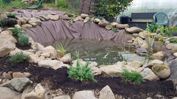 Pond in the garden. building a pond in the home garden. aquatic pond plants
