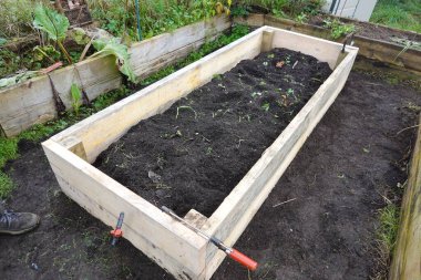 Ahşap sebze bahçesi için yükseltilmiş bir yatak yapmak. Yataklarda tarım.