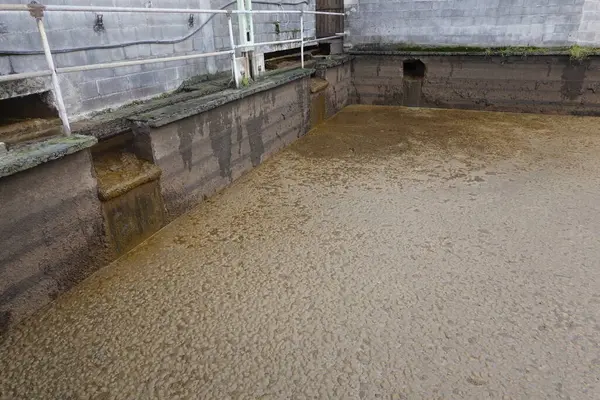 A dirty pool with a fence around it. The pool is filled with mud and dirt. The fence is made of metal