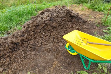 Sebze bahçesinden gübre toplamak için yaba ile el arabası. Ürün yetiştirmek için.