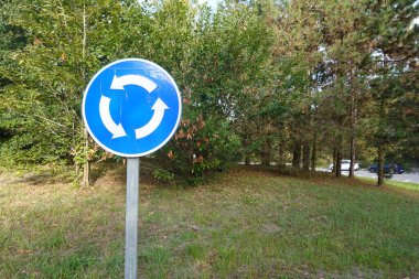 Yeşil ağaçlar ve bitki örtüsüyle çevrili yol kenarındaki çimenli bir alanda yıpranmış bir trafik işareti duruyor. Beyaz oklu mavi işaret elementlere maruz kalmaktan yıpranma ve çatlama belirtileri gösteriyor..