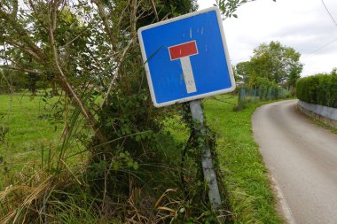 Sarmaşıklarla ve aşırı büyümüş bitki örtüsüyle kaplı, dar bir kırsal şeridin yanında hafif eğimli bir çıkmaz sokak tabelası. Mavi ve beyaz tabela, kırsal kesimdeki yeşil alanlar ve çalılarla çelişiyor..