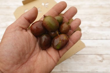 Hand holding fresh, ripe kiwi berries, just harvested and ready to eat, with a partially visible cardboard box in the background clipart