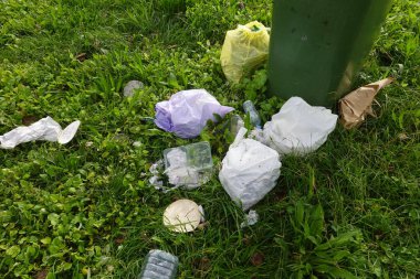 Plastik atık, çevresel kirlilik ve kentsel ihmalkarlık sorununun altını çizerek, çöp kutusunun yanındaki çimenli bir alanı kirletiyor.