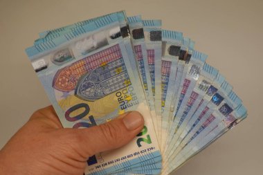 Elinde 20 avroluk banknotlar, Avrupa para birimi ve kişisel finansman sergileniyor