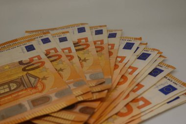 Yarı daire şeklinde düzenlenmiş 50 avroluk banknotlar, para biriminin tasarım ve güvenlik özelliklerini gözler önüne seriyor