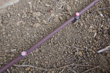 Drenaj sulama sistemi verimli bir şekilde kuru toprağa su taşır, ekili bir tarlada ekinler için en uygun suyu sağlar.