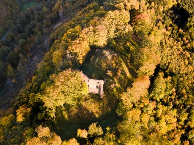 Mestecko Trnavka 'da bir ortaçağ şatosunun havadan görünüşü harabeye döndü. Moravya, Çek Cumhuriyeti.