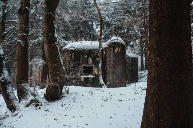 Büyük beton bir sığınağı olan güzel, karlı bir orman. Çek Cumhuriyeti.