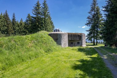 Sonbahar zamanı, ormanın ortasındaki terk edilmiş sığınağın hava görüntüsü. Mesto kapsülü Sneznikem, Çek Cumhuriyeti