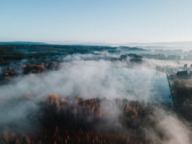 Göl manzarası, orman ve atmosferik sis. Svitavy, Çek Cumhuriyeti.