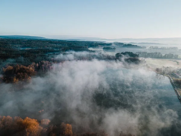 Göl manzarası, orman ve atmosferik sis. Svitavy, Çek Cumhuriyeti.