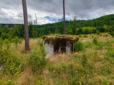 Ağaçları ve tepeleri olan ovalarda bir sığınak. Bulutlu bir gün. Çek Cumhuriyeti.