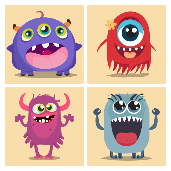 Set Cute Smiling Monsters — Stock Vector