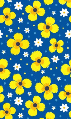 Mavi arkaplanda sarı ve beyaz çiçek deseni çizimi