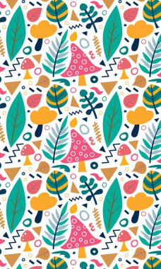 Yapraklar, mantarlar ve geometrik şekillerle renksiz desen