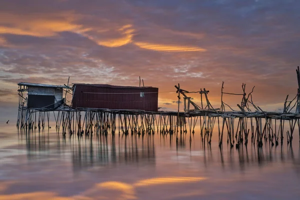 Fishing Huts Sunset Beach — Stock Photo, Image