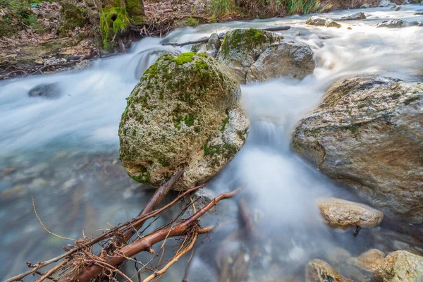 stock image a waterfall with a stream in a forest in the middle of the forest.