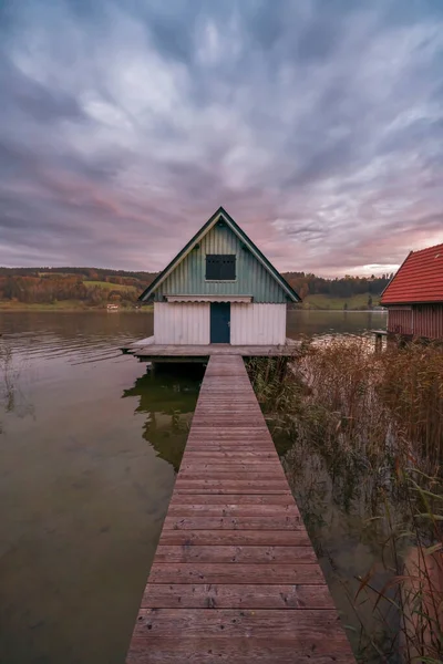 Рамы Восхода Солнца Домиках Озере Альпзе Баварском Регионе Германии — стоковое фото