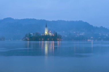 Yağmurlu ve sisli bir günde Slovenia 'da gölün etrafında çekilen çeşitli fotoğraflar.