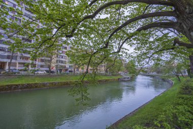 Slovenya 'nın başkenti Ljubljana nehir kenarından ve şehir merkezinden manzaralı