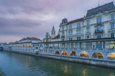 Slovenya 'nın başkenti Ljubljana nehir kenarından ve şehir merkezinden manzaralı