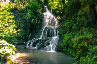 Şelale yosunlu kayaların arasından akıyor ve su uzun pozlama tekniğiyle bir peçe gibi çekiliyor.