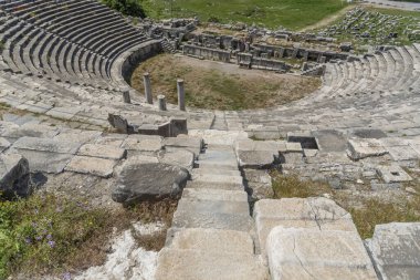 details of ancient settlement milet amphitheater flowers and green nature with blue sky