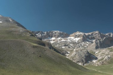 Çeşitli açılardan Bolkar dağları yeşil renkli doğa akan su gölleri bulutlu gökyüzü ve dik kaya formları