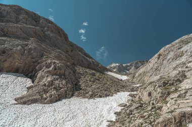 Çeşitli açılardan Bolkar dağları yeşil renkli doğa akan su gölleri bulutlu gökyüzü ve dik kaya formları