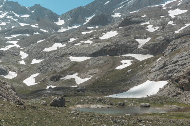 Çeşitli açılardan Bolkar dağları yeşil renkli doğa akan su gölleri bulutlu gökyüzü ve dik kaya formları