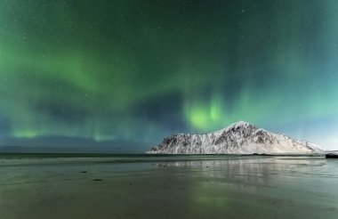 Kuzey ışıkları, Norveç 'teki Lofoten adalarında kış mevsiminde karla kaplanmış kutup ışıkları altında çekildi.
