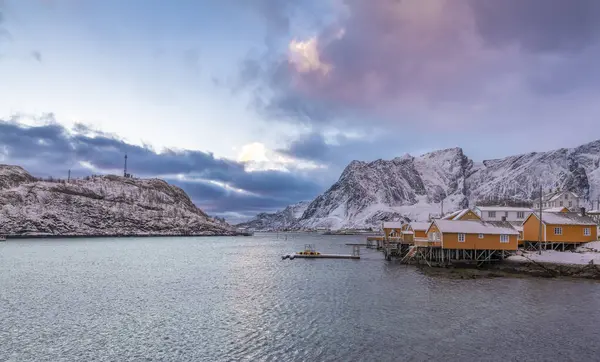 Norvégia Lofoten Szigetek Téli Szezon Borított Tájak Strandok Felhős Színes — Stock Fotó