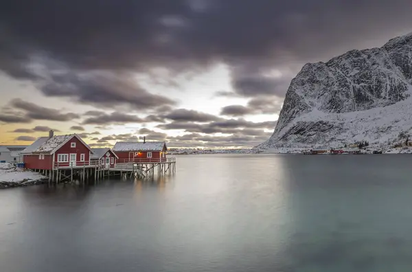 Utara Pulau Lofoten Musim Dingin Musim Salju Menutupi Pemandangan Pantai — Stok Foto