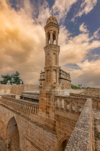 stock image Unique architectural details and blue sky of the Virgin Mary Monastery located in Anitli village of Midyat district of Mardin