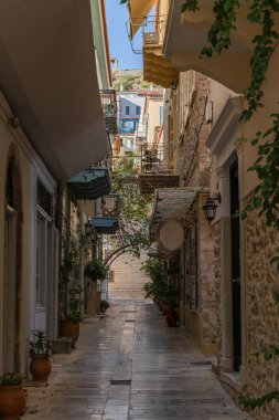 greece old capital nafplion streets shops churches castle and colorful houses quiet hours tourist destination clipart