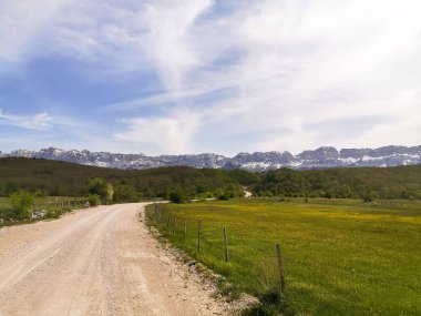Bir çayırda, kar ve mavi gökyüzü olan bir dağın arka planında sallanan yol.